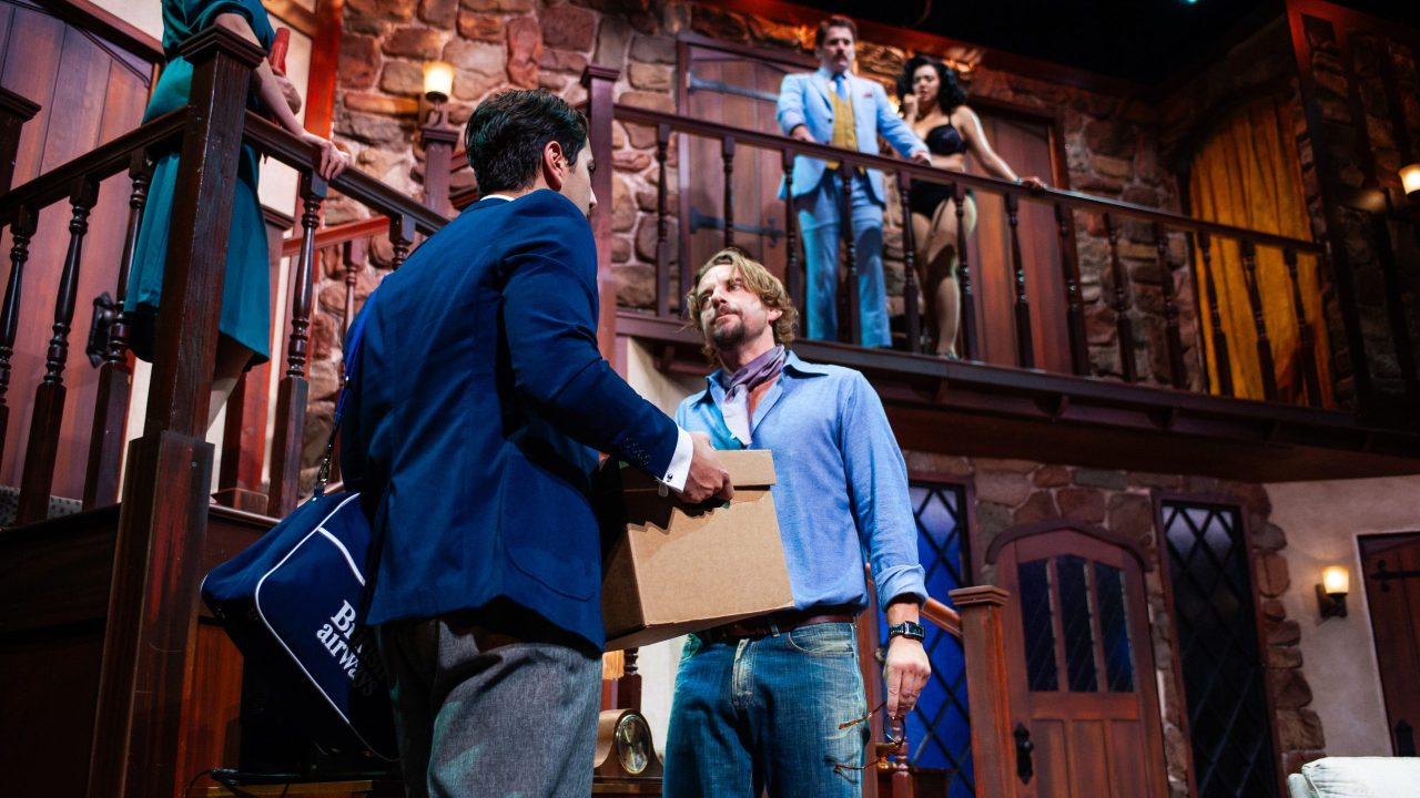 Frederick (Nima Rakhshanifar) is confronted by Lloyd (Patrick Russell) as the cast (background left to right: Liz Sklar, Joe Ayers, Sophia Alawi) watches in San Francisco Playhouse's "Noises Off," performing September 25 - November 8. Frederick (Nima Rakhshanifar) is confronted by Lloyd (Patrick Russell) as the cast (background left to right: Liz Sklar, Joe Ayers, Sophia Alawi) watches in San Francisco Playhouse's "Noises Off," performing September 25 - November 8.