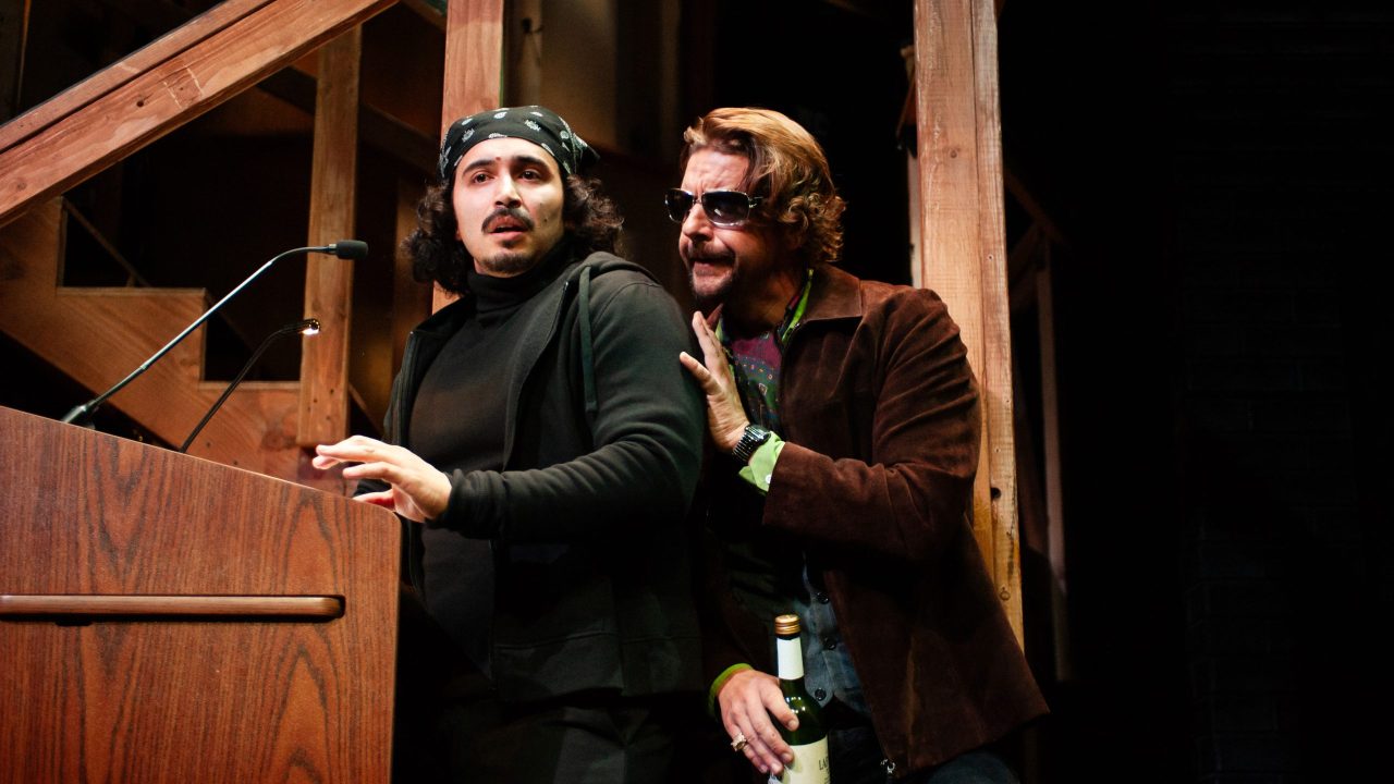 Tim (Jamiel St. Rose) is accosted by Lloyd (Patrick Russell) in San Francisco Playhouse's "Noises Off," performing September 25 - November 8. Tim (Jamiel St. Rose) is accosted by Lloyd (Patrick Russell) in San Francisco Playhouse's "Noises Off," performing September 25 - November 8.