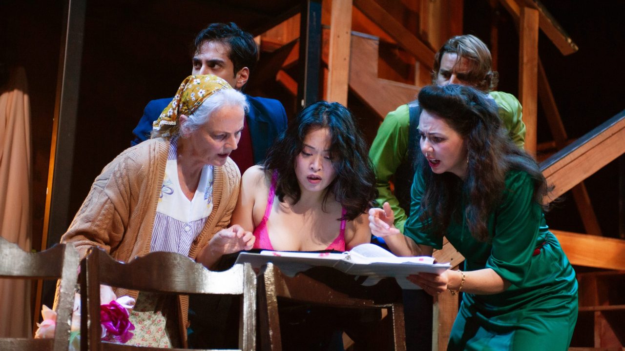 Dotty (Julie Eccles), Frederick (Nima Rakhshanifar), Poppy (Vivienne Truong), Belinda (Liz Sklar), and Lloyd (Patrick Russell) frantically review the script in San Francisco Playhouse's "Noises Off," performing September 25 - November 8. Dotty (Julie Eccles), Frederick (Nima Rakhshanifar), Poppy (Vivienne Truong), Belinda (Liz Sklar), and Lloyd (Patrick Russell) frantically review the script in San Francisco Playhouse's "Noises Off," performing September 25 - November 8.