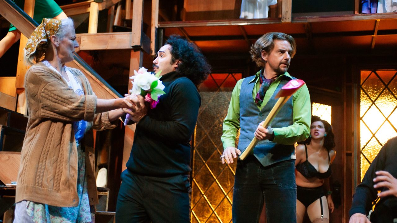 Mayhem ensues for the cast and crew (left to right: Julie Eccles, Jamiel St. Rose, Patrick Russell, Sophia Alawi) in San Francisco Playhouse's "Noises Off," performing September 25 - November 8. Mayhem ensues for the cast and crew (left to right: Julie Eccles, Jamiel St. Rose, Patrick Russell, Sophia Alawi) in San Francisco Playhouse's "Noises Off," performing September 25 - November 8.
