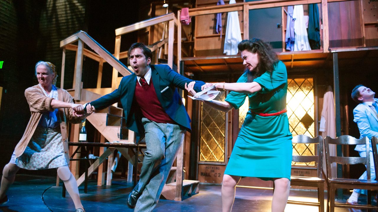 Dotty (Julie Eccles) fights over Frederick (Nima Rakhshanifar) with Belinda (Liz Sklar) in San Francisco Playhouse's "Noises Off," performing September 25 - November 8. Dotty (Julie Eccles) fights over Frederick (Nima Rakhshanifar) with Belinda (Liz Sklar) in San Francisco Playhouse's "Noises Off," performing September 25 - November 8.