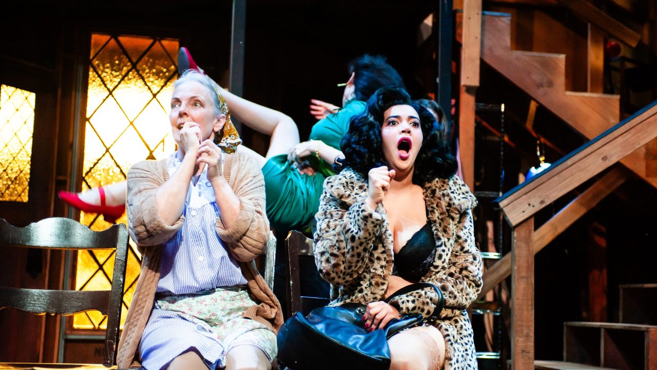 Dotty (Julie Eccles) and Brooke (Sophia Alawi) are startled in San Francisco Playhouse's "Noises Off," performing September 25 - November 8. Dotty (Julie Eccles) and Brooke (Sophia Alawi) are startled in San Francisco Playhouse's "Noises Off," performing September 25 - November 8.