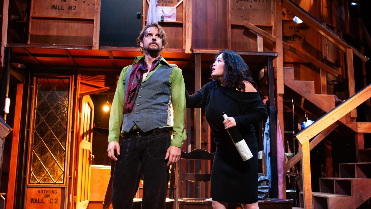 Lloyd (Patrick Russell) is comforted by Poppy (Vivienne Truong) in San Francisco Playhouse's "Noises Off," performing September 25 - November 8. Lloyd (Patrick Russell) is comforted by Poppy (Vivienne Truong) in San Francisco Playhouse's "Noises Off," performing September 25 - November 8.
