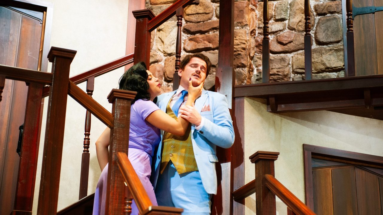 Brooke (Sophia Alawi) grabs Garry (Joe Ayers) in San Francisco Playhouse's "Noises Off," performing September 25 - November 8. Brooke (Sophia Alawi) grabs Garry (Joe Ayers) in San Francisco Playhouse's "Noises Off," performing September 25 - November 8.