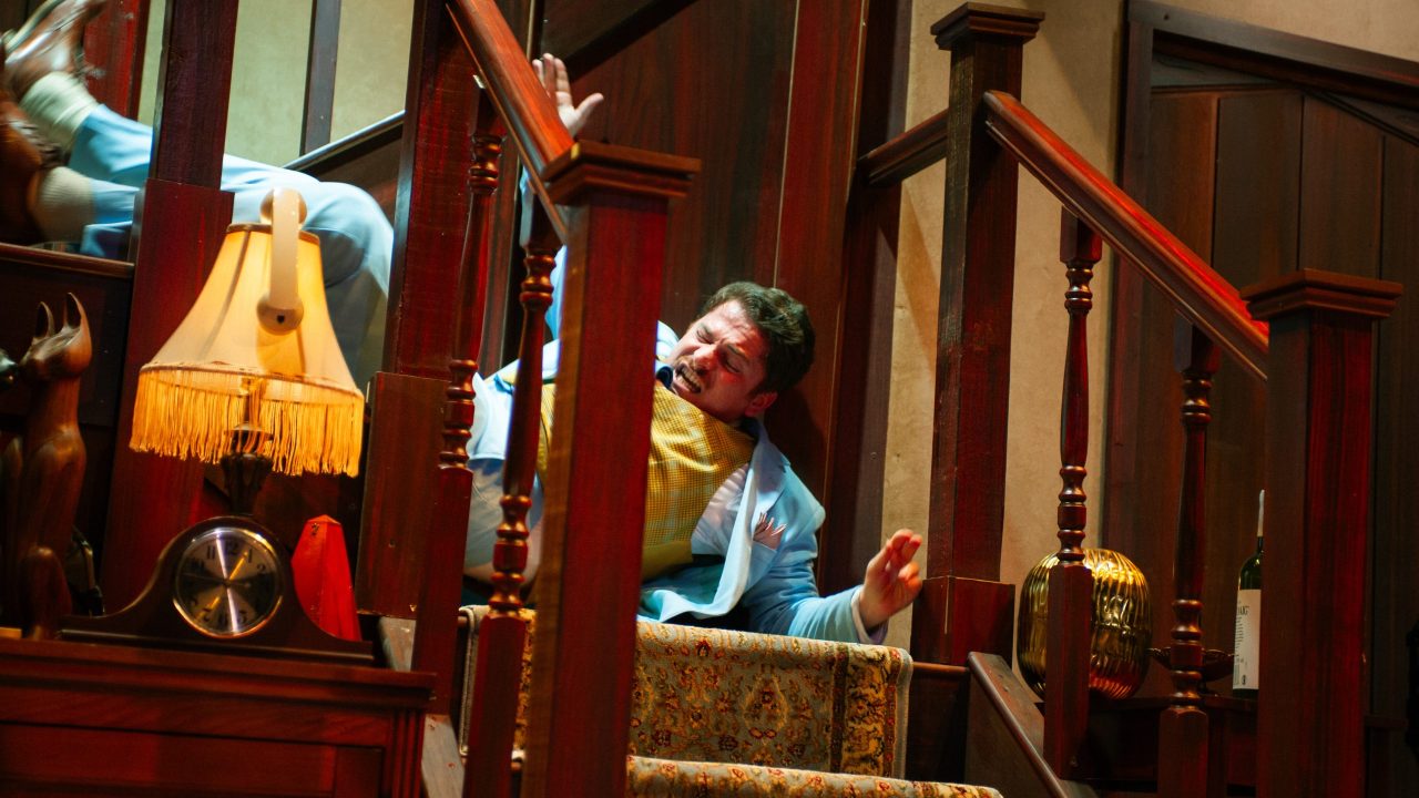 Garry (Joe Ayers) takes a tumble in San Francisco Playhouse's "Noises Off," performing September 25 - November 8. Garry (Joe Ayers) takes a tumble in San Francisco Playhouse's "Noises Off," performing September 25 - November 8.