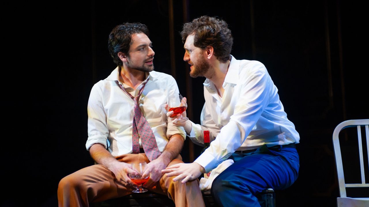 Marc (Andre Amarotico) and Rene Gallimard (Dean Linnard) discuss women in San Francisco Playhouse's "M. Butterfly," performing February 5 - March 14, 2026. Marc (Andre Amarotico) and Rene Gallimard (Dean Linnard) discuss women in San Francisco Playhouse's "M. Butterfly," performing February 5 - March 14, 2026.