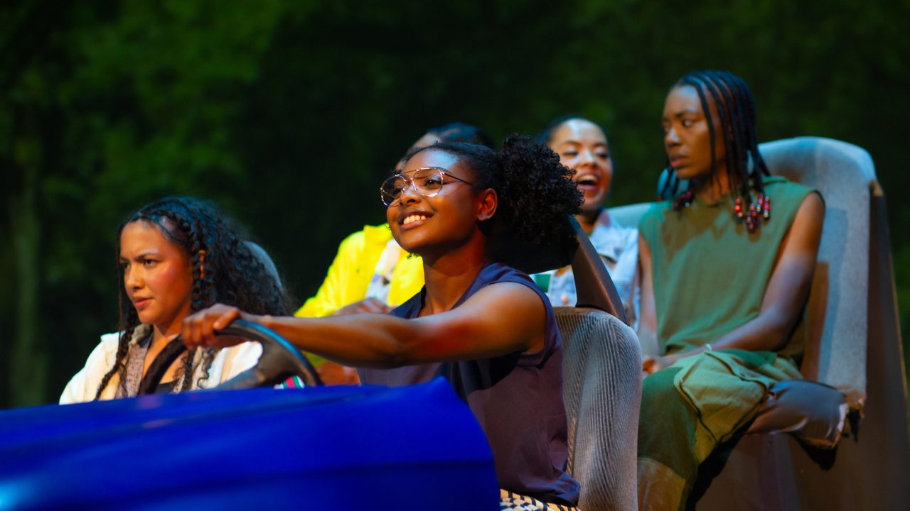 Lady Train teammates (l to r: Emma Gardner, Paige Mayes, Courtney Gabrielle Williams, Camille Collaço, and Santeon Brown) hit the road in San Francisco Playhouse's "Flex," performing March 26 - May 2, 2026. Lady Train teammates (l to r: Emma Gardner, Paige Mayes, Courtney Gabrielle Williams, Camille Collaço, and Santeon Brown) hit the road in San Francisco Playhouse's "Flex," performing March 26 - May 2, 2026.