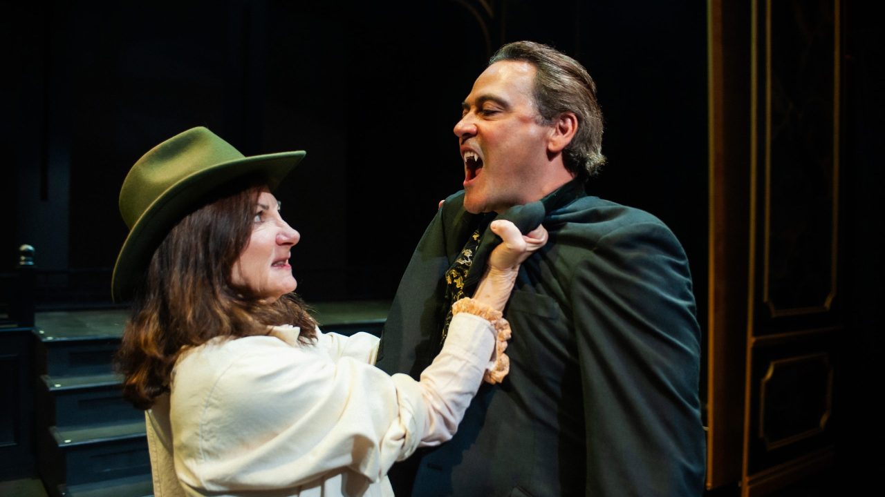 Susi Damilano is Van Helsing and Johnny Moreno is Dracula in San Francisco Playhouse's "Dracula: A Feminist Revenge Fantasy, Really," performing May 14 - June 27. Susi Damilano is Van Helsing and Johnny Moreno is Dracula in San Francisco Playhouse's "Dracula: A Feminist Revenge Fantasy, Really," performing May 14 - June 27.