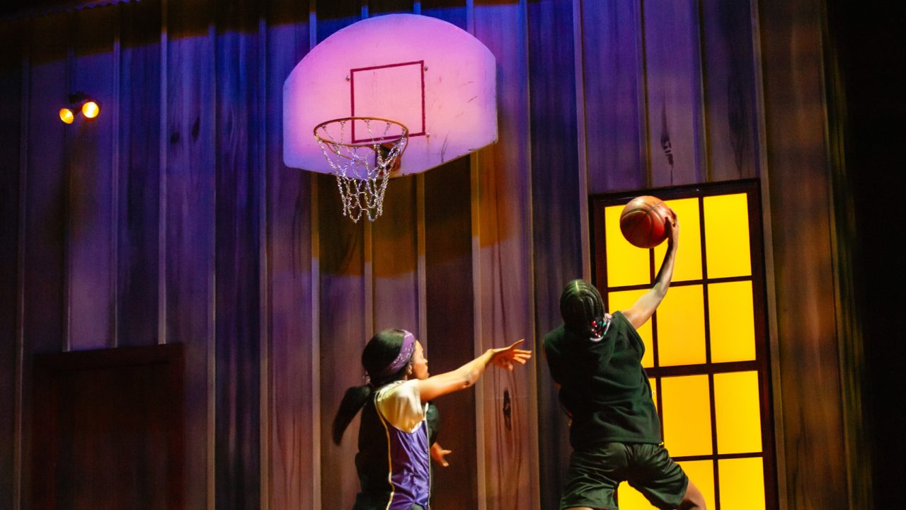 Sidney (Paige Mayes) attempts to block Starra (Santeon Brown) in San Francisco Playhouse's "Flex," performing March 26 - May 2, 2026. Sidney (Paige Mayes) attempts to block Starra (Santeon Brown) in San Francisco Playhouse's "Flex," performing March 26 - May 2, 2026.