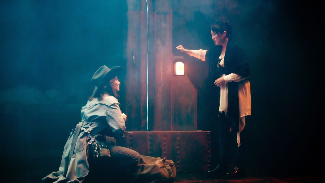 Susi Damilano as Van Helsing and Sharon Shao as Mina Harker in San Francisco Playhouse's "Dracula: A Feminist Revenge Fantasy, Really," performing May 14 - June 27.