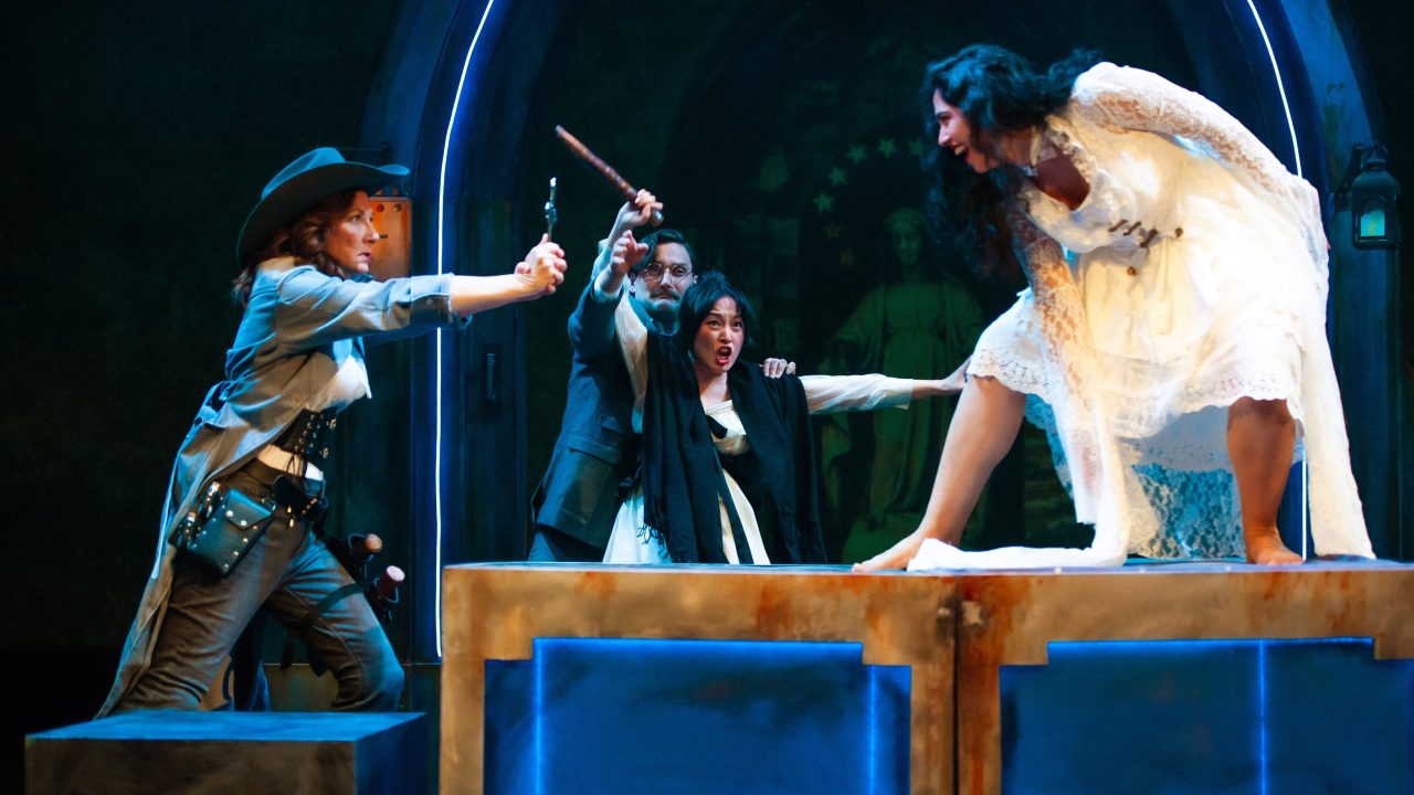 (l to r) Van Helsing (Susi Damilano) defends as Seward (Josh Schell) holds back Mina (Sharon Shao) against Lucy's (Nemma Adeni) advances in San Francisco Playhouse's "Dracula: A Feminist Revenge Fantasy, Really," performing May 14 - June 27.