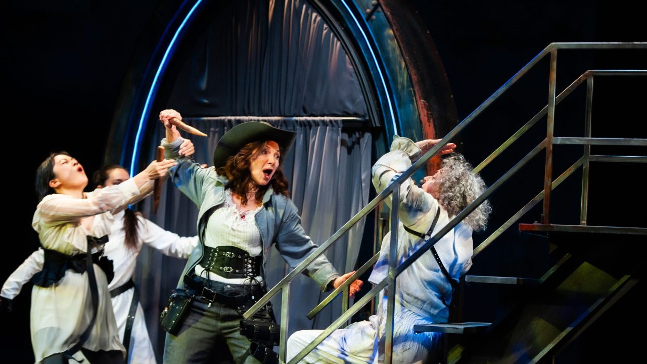 Mina (Sharon Shao) and Miller (Elizabeth Cowperthwaite) hold Van Helsing (Susi Damilano) back from staking Renfield (Stacy Ross) in San Francisco Playhouse's "Dracula: A Feminist Revenge Fantasy, Really," performing May 14 - June 27.