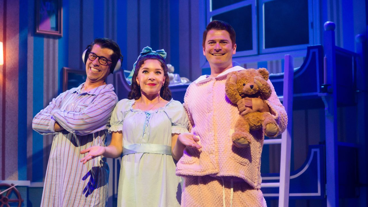The Darling children (l to r: Greg Ayers, Maggie Mason, and Joe Ayers) prepare for adventure in San Francisco Playhouse's "Peter Pan Goes Wrong," performing September 26 - November 28.