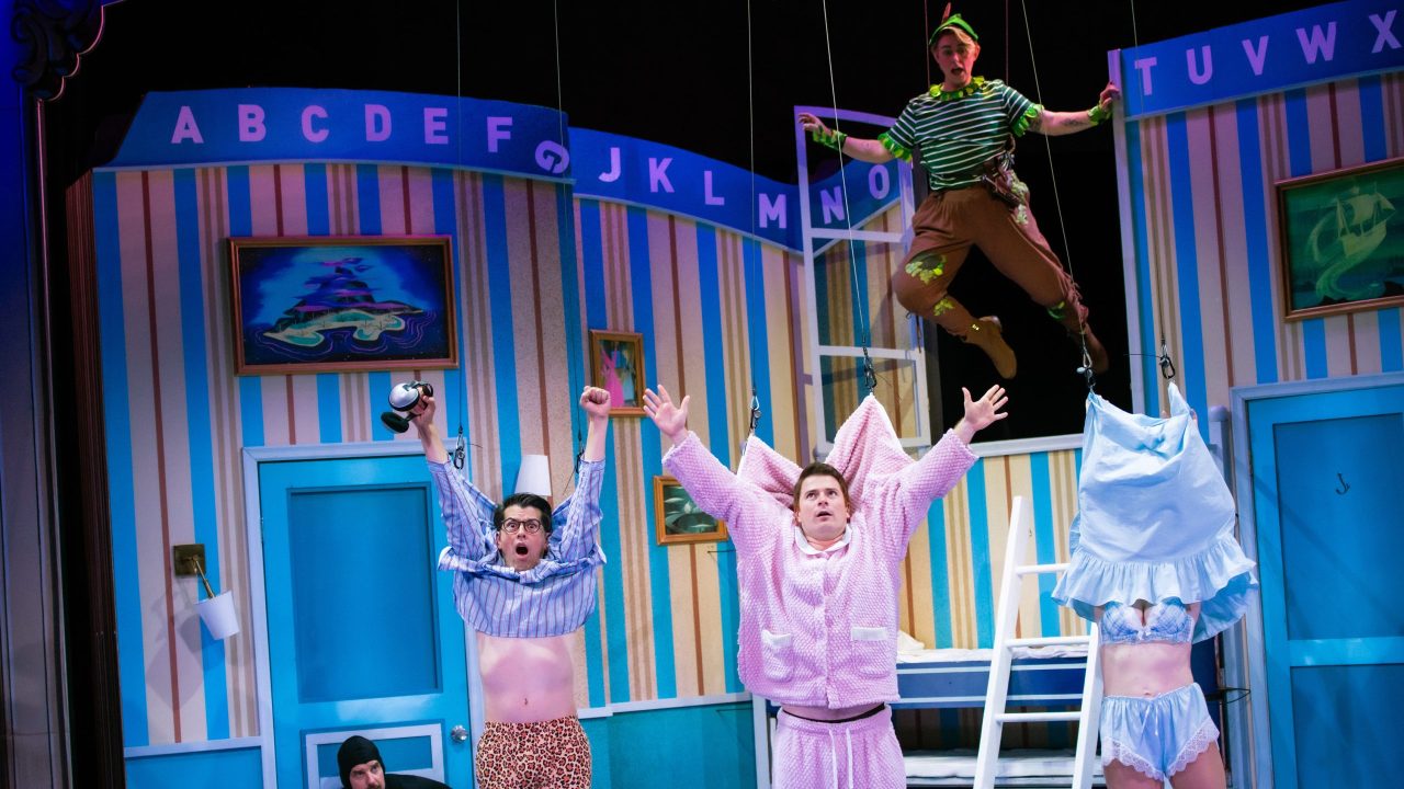 Actors (l to r: Patrick Russell, Greg Ayers, Joe Ayers, Ezra Reaves, and Maggie Mason) are surprised in San Francisco Playhouse's "Peter Pan Goes Wrong," performing September 26 - November 28.