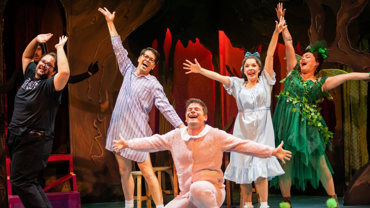 The cast (l to r: Christian McCooey, Greg Ayers, Joe Ayers, Maggie Mason, and Renee Rogoff) poses in San Francisco Playhouse's "Peter Pan Goes Wrong," performing September 26 - November 28.
